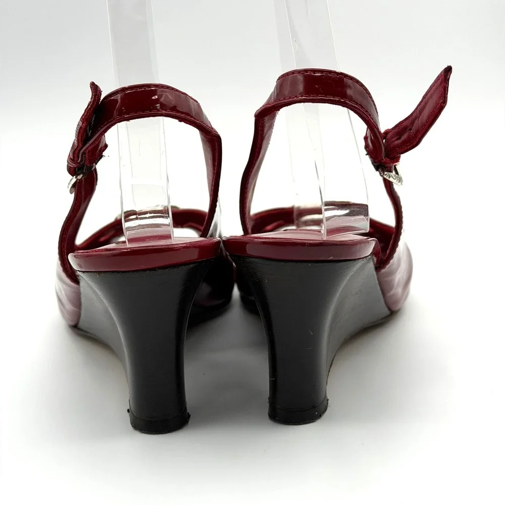 Brighton Napoli Wedge Sandals Women 8M Red Patent Leather Slingback Buckle Chic